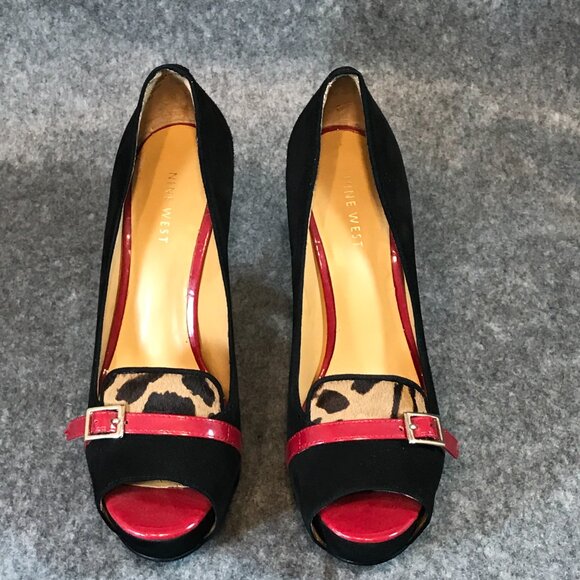 Nine West Women's Black Leather Front Red Strap Leopard Open Toe Heel Shoes - Picture 7 of 12
